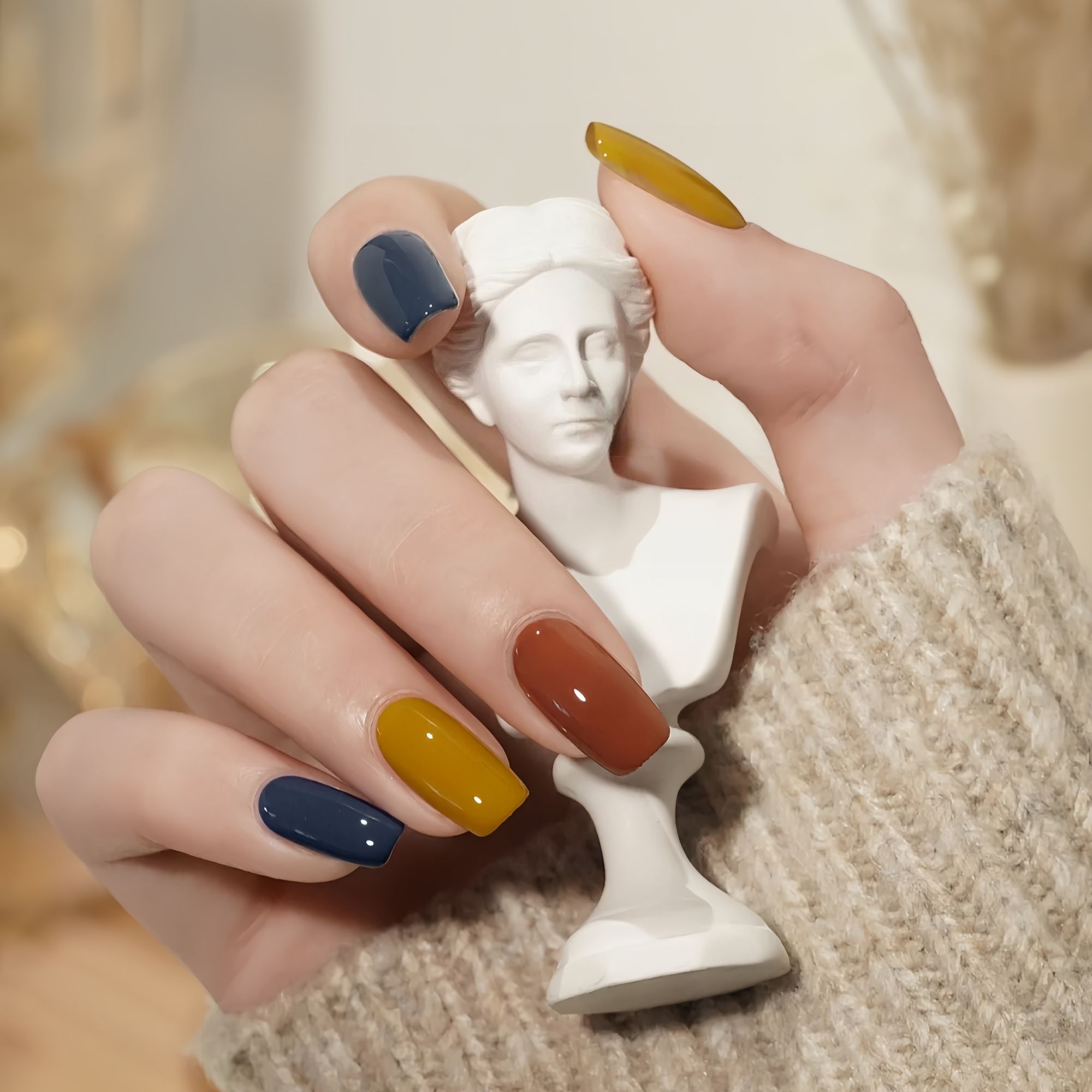 夏日莫兰迪跳色南瓜纯色蓝咖红色中长款美甲贴片可拆卸手工穿戴甲