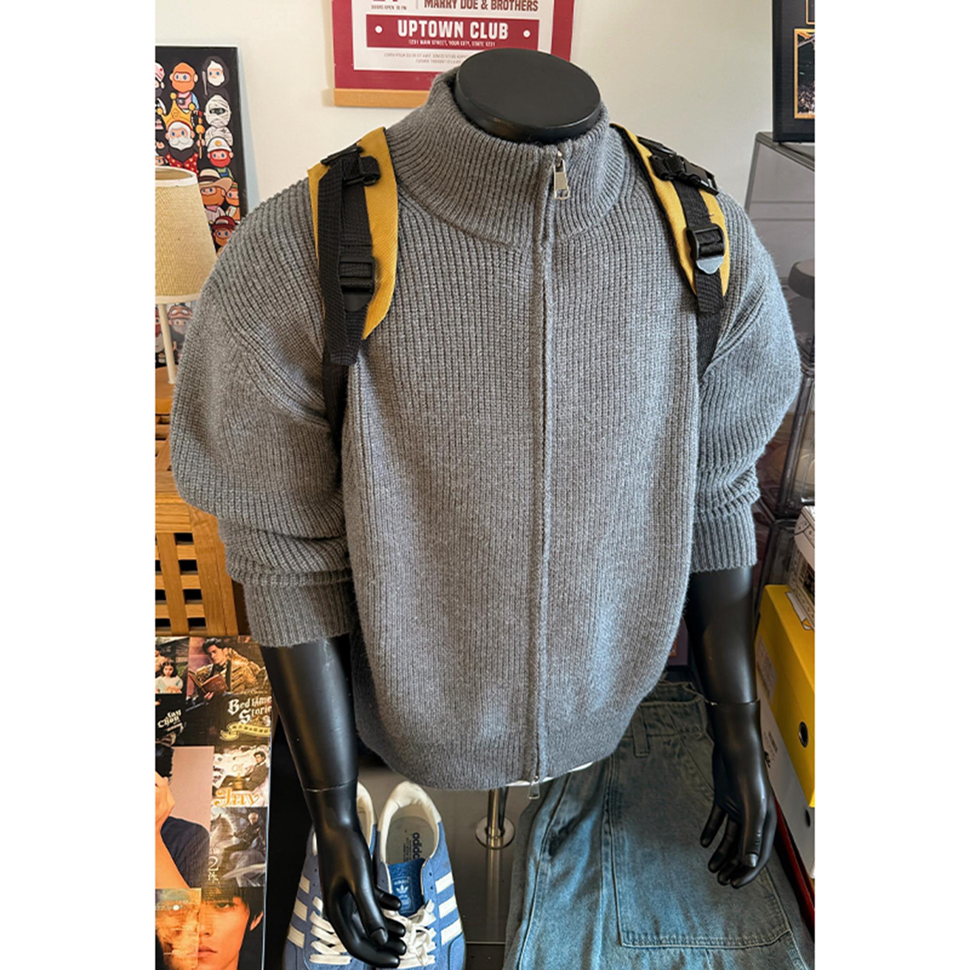 灰色双拉链开衫毛衣男秋冬美式复古外套cleanfit高级感立领针织衫