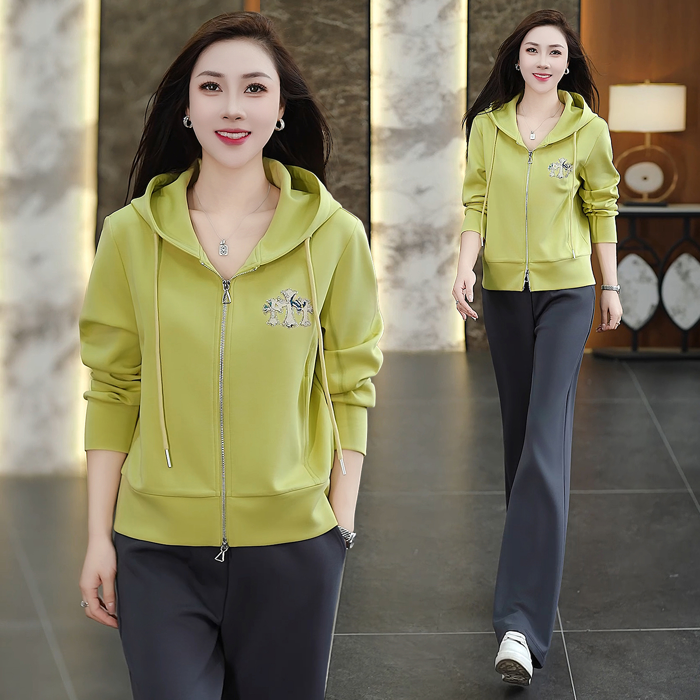 时尚休闲运动套装女2025春秋休闲显瘦连帽卫衣直筒裤两件套跑步服