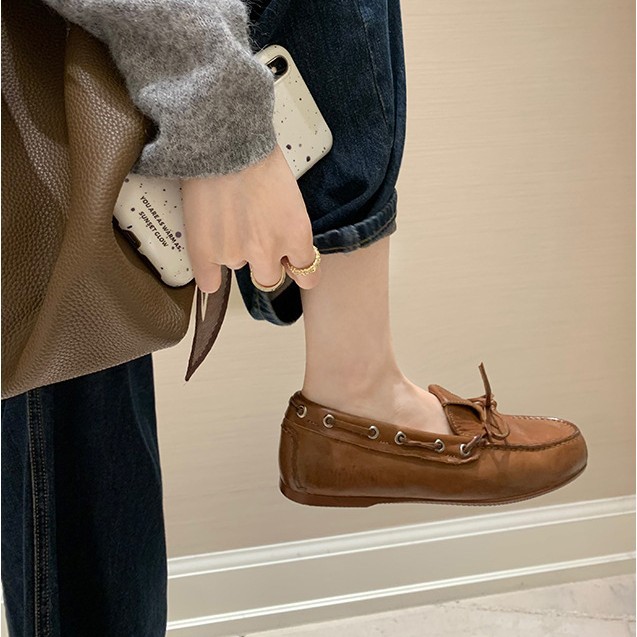 葡萄妈同款现货~ 水洗马纹英伦风蝴蝶结百搭舒适豆豆乐福皮鞋女