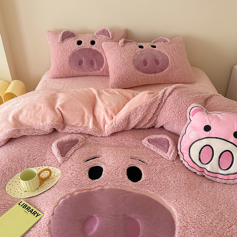 富安娜秋冬加厚粉猪猪羊羔绒四件套珊瑚绒被套冬季牛奶绒床笠儿童