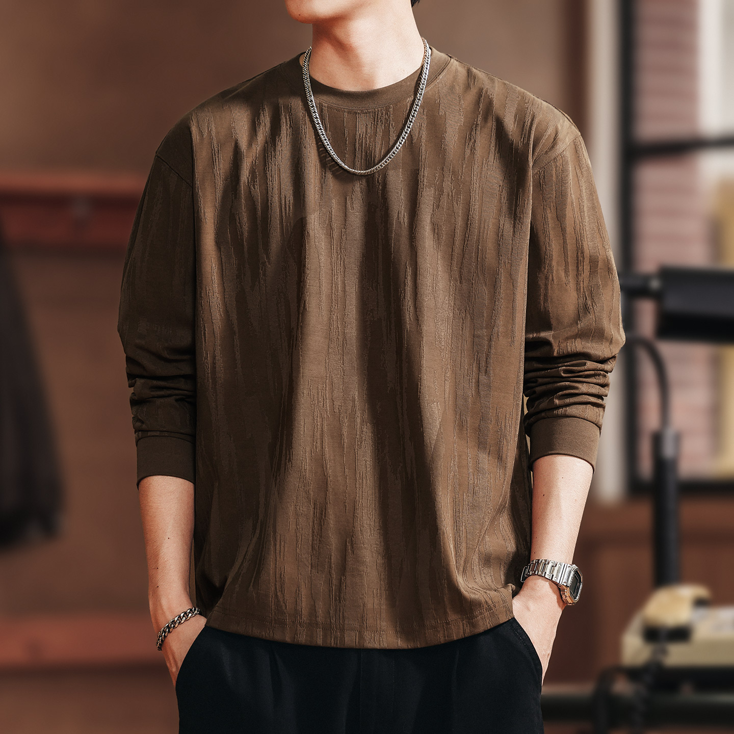 格蓝鹿高端日系潮牌树皮长袖T恤男秋季新款休闲肌理感圆领打底衫