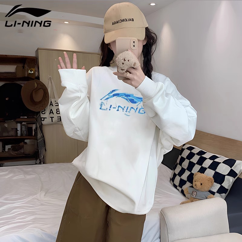 李宁卫衣女2025秋季圆领宽松运动衫休闲运动印花针织长袖套头衫