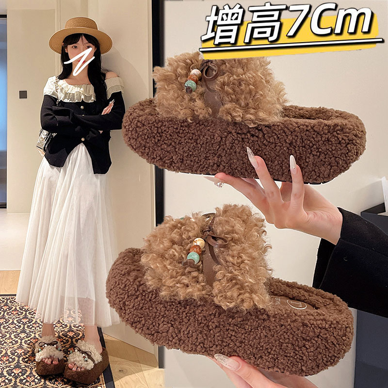 厚底毛毛拖鞋女外穿秋冬季2025新款时尚外出小个子松糕卷毛绒棉拖