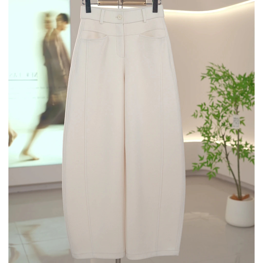 毛呢裤女时尚加厚加密百搭休闲高腰显瘦宽松气质弯刀裤长裤