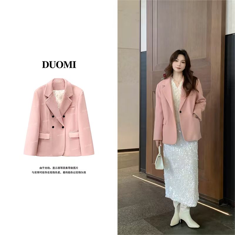 【DUOMI】新款女装百搭时尚V领双排扣西装型毛呢加绒女外套D8156