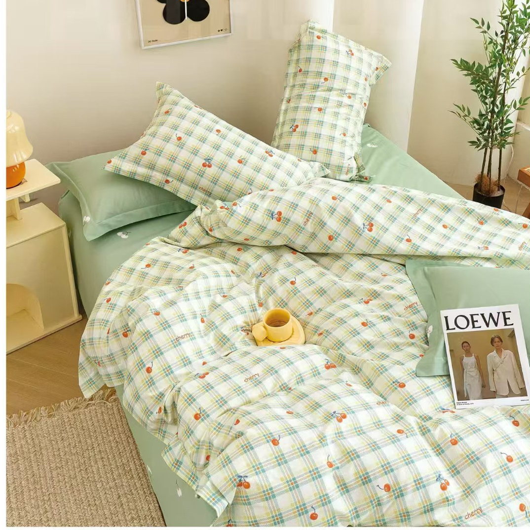 清沐家纺纯棉定制-纯棉高支高密斜纹面料-格子樱桃-AB版