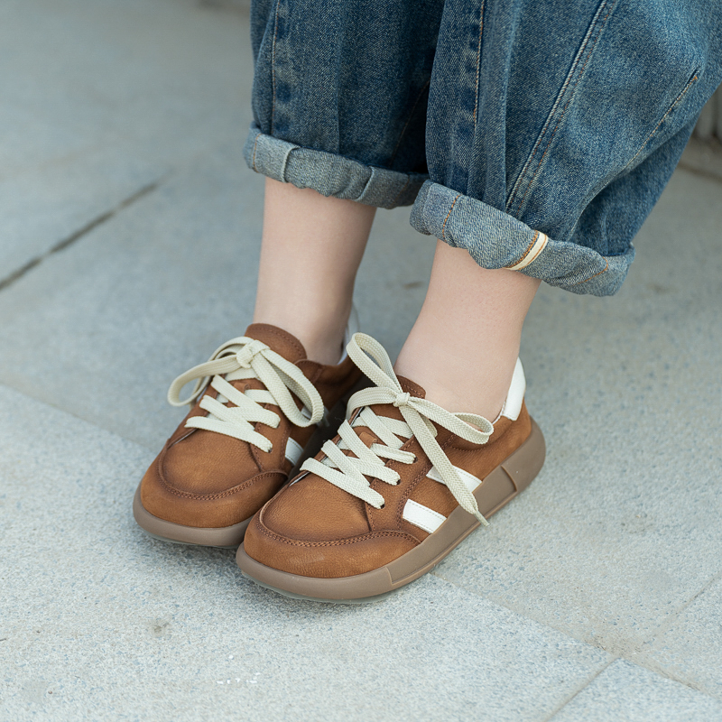 022-2朴艺秋季新款真皮复古拼色平底徳训鞋休闲百搭系带厚底女鞋