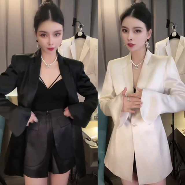 高街气质时尚百搭西服女2023早秋新款醋酸垂坠感喇叭袖职业装外套