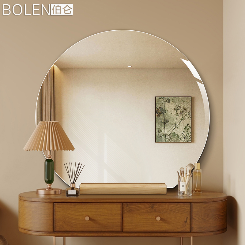 BOLEN 异形半圆浴室镜带实木底座化妆台梳妆镜家用装饰镜壁炉镜子