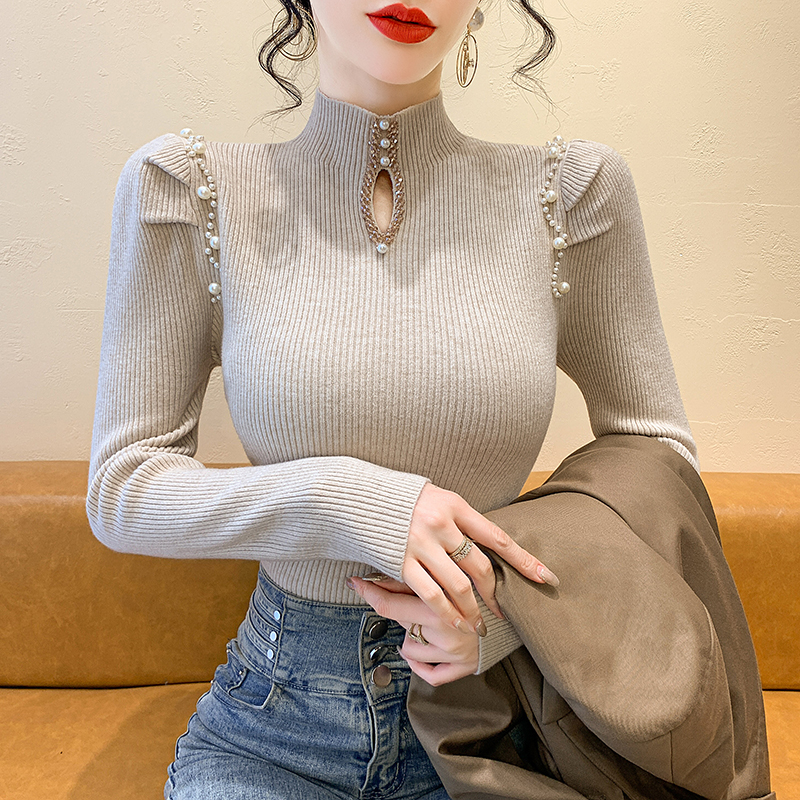 重工钉珠镂空半高领针织衫女秋冬气质设计感修身内搭长袖打底上衣