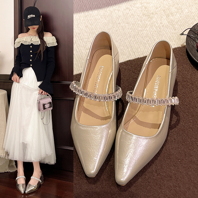 水钻单鞋2025夏春季新款女鞋粗跟高跟玛丽珍鞋尖头仙女风高跟鞋