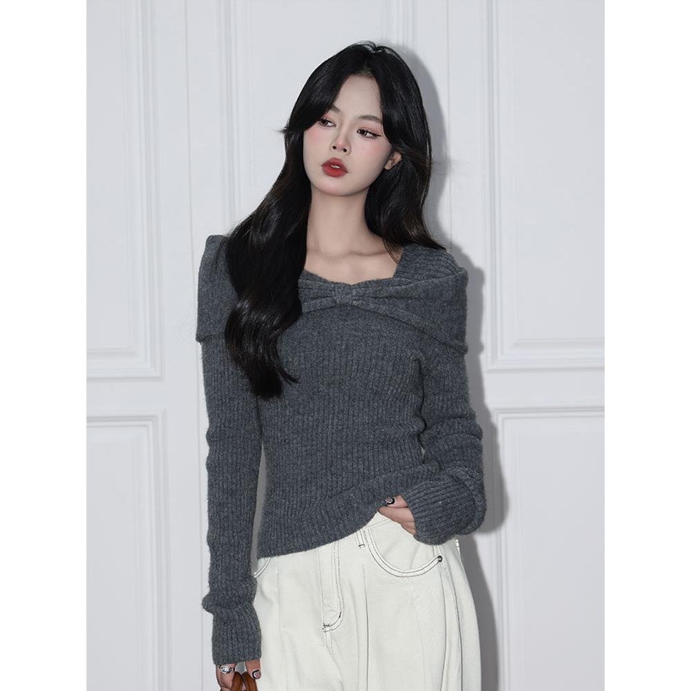 韩系高级感灰色一字肩毛针织衫女秋冬季巨好看别致甜辣妹修身上衣