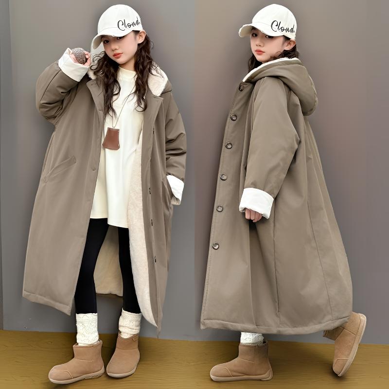 （年货版）女童冬季长款棉服大衣外套加绒加厚休闲阔版保暖连帽棉衣