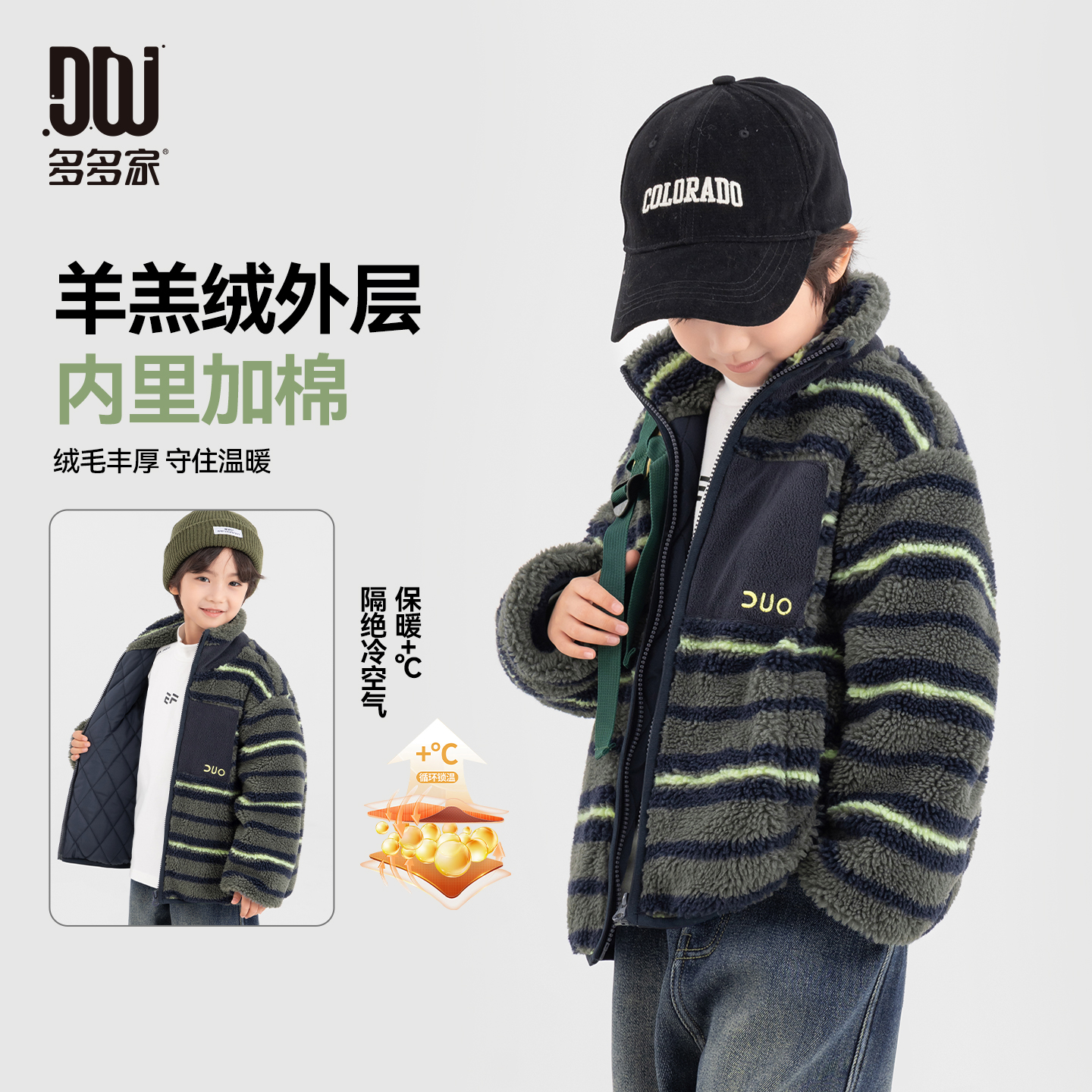 多多家11143【条纹.加棉外套】男童冬季条纹颗粒绒加棉加厚立领外套