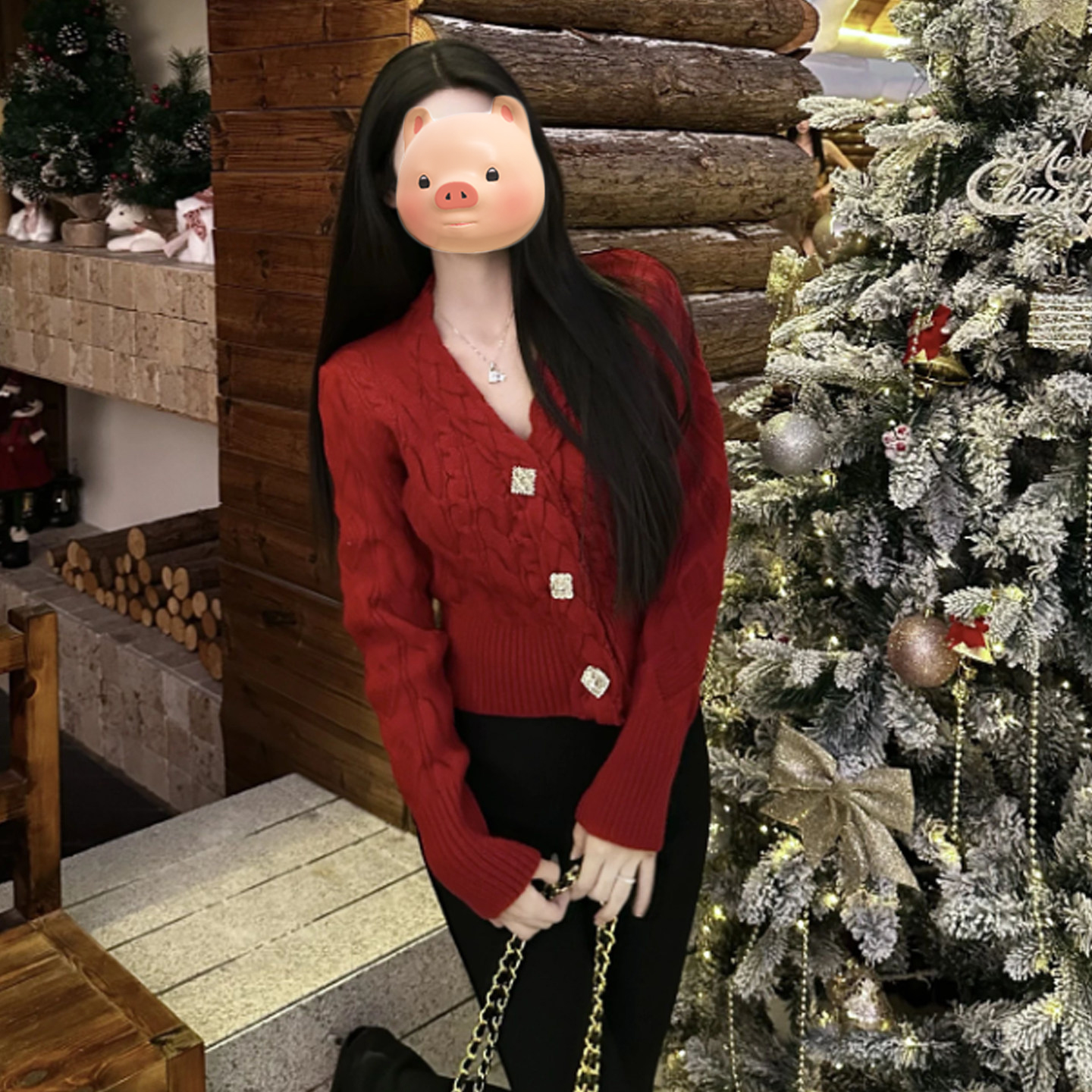 本命年新年过年战袍红色V领毛衣开衫女秋冬加厚短款针织外套上衣