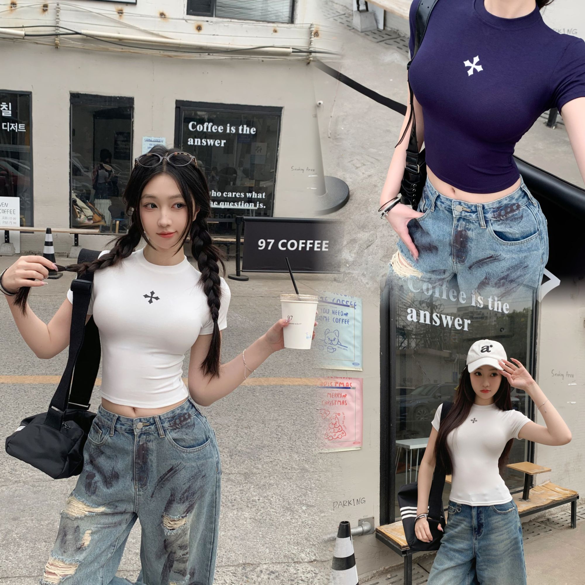 【新款双版本】美式复古印花十字架正肩圆领短袖T 夏季辣妹显瘦上衣