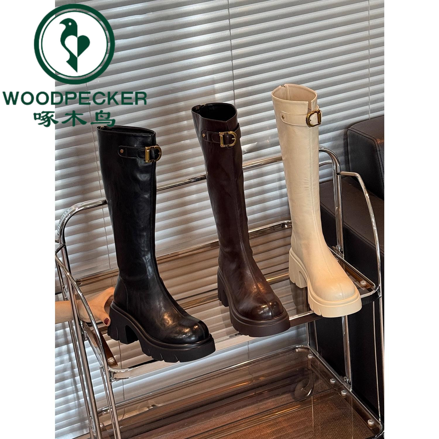 啄木鸟2025秋冬新款v口长筒靴女不过膝厚底增高显瘦时装靴骑士靴