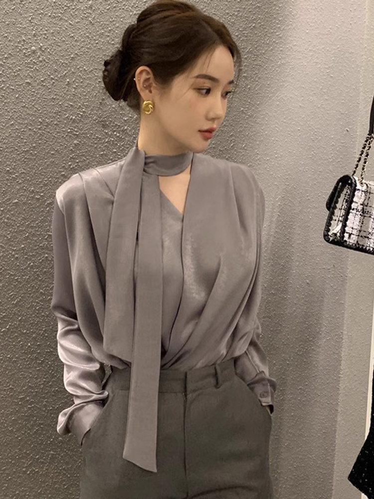 高级感轻奢缎面V领衬衫女夏季新款法式御姐飘带衬衣绝美漂亮上衣