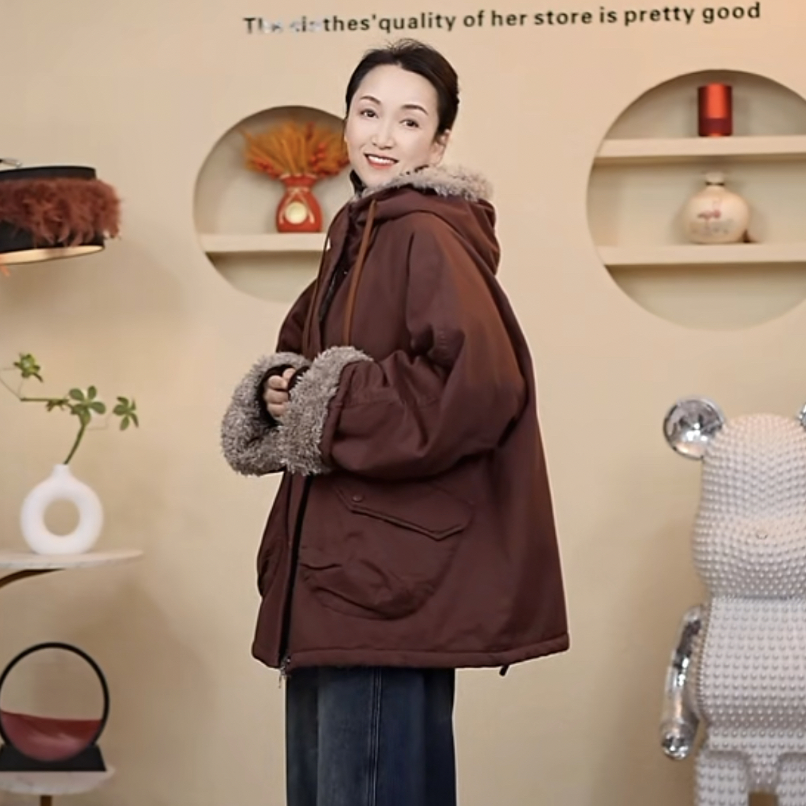 毛毛外套冬季宽松休闲百搭拉链中长款连帽加绒加厚款女士棉服