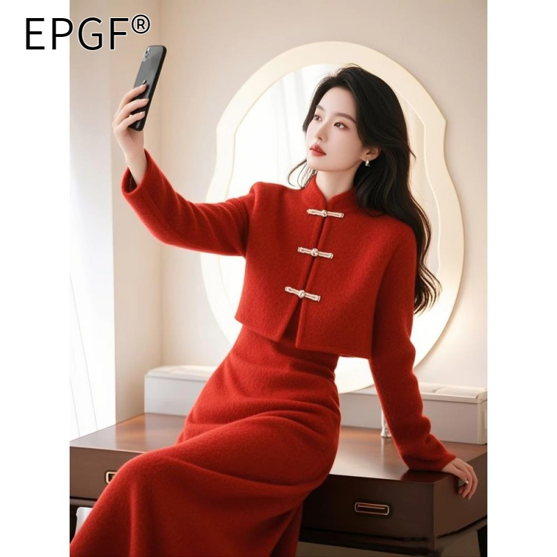 EPGF新中式国风复古红色盘扣短外套女高级感小香风加厚红开衫上衣