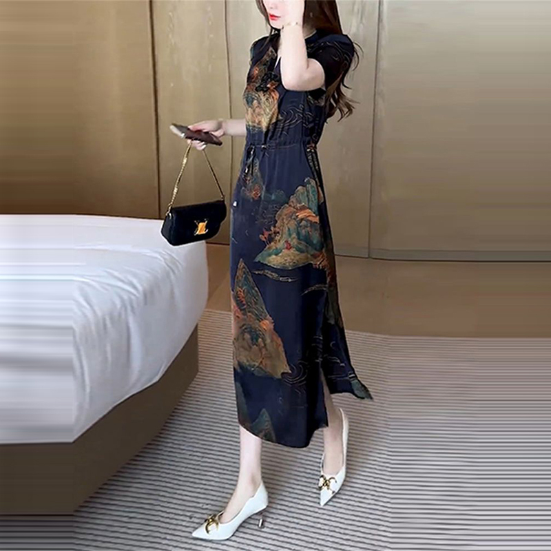 新中式时尚2025年夏季新款开叉设计a字长裙收腰印花短袖连衣裙女