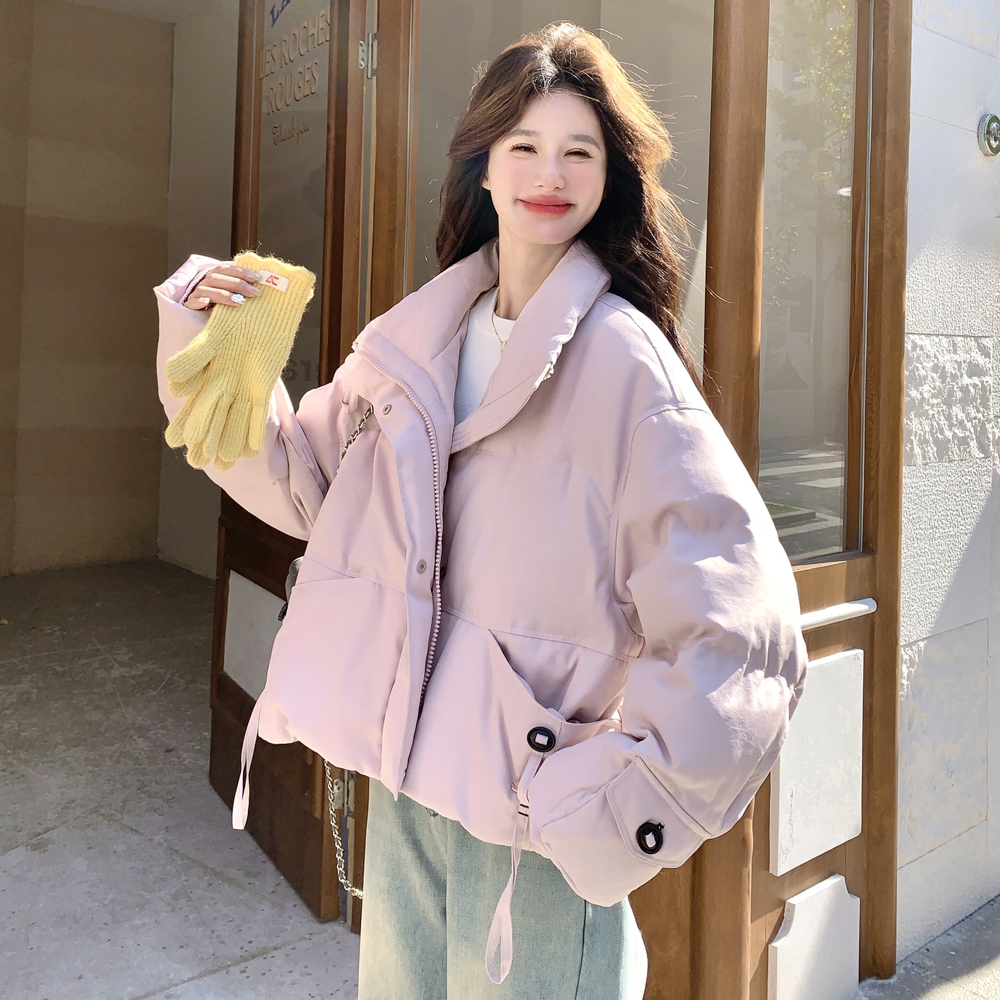 粉色韩系简约短款羽绒服女2025冬季新款小个子立领90白鸭绒厚外套