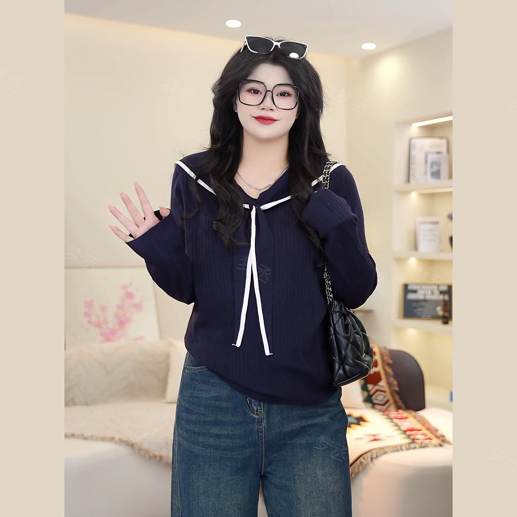 梦丞-学院风胖mm冬季大码针织宽松显瘦遮肉系带海军领长袖上衣