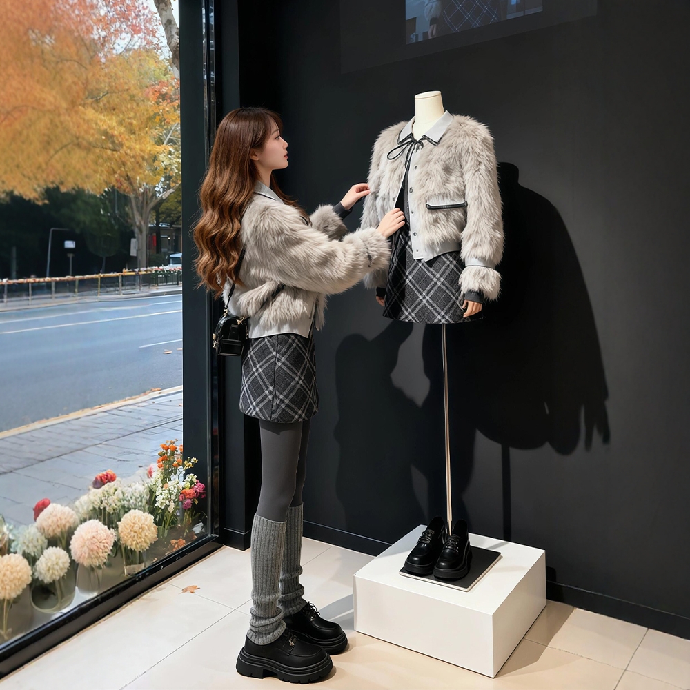 巨好看的秋冬两件套韩系小香风翻领毛毛拼接外套格纹半身裙套装女
