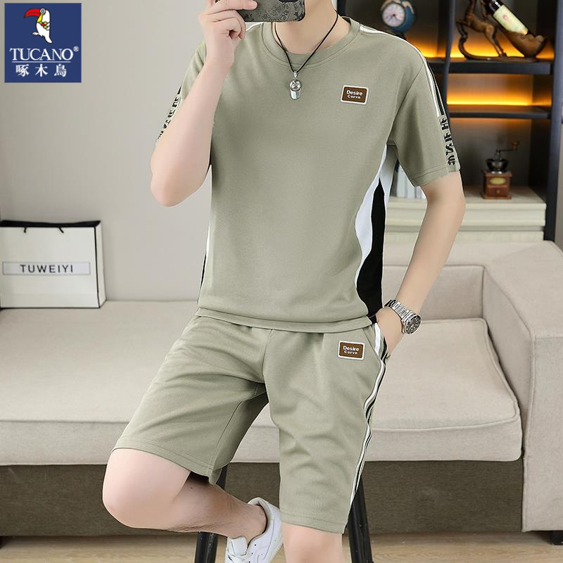 啄木鸟休闲套装男士夏季跑步运动短袖短裤两件套青少年一套衣服酷