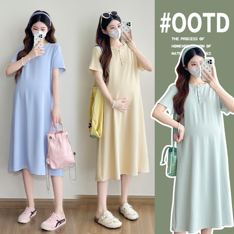 孕妇裙子夏季超薄款孕妇装2025新款圆领舒适洋气高质量连衣裙夏装