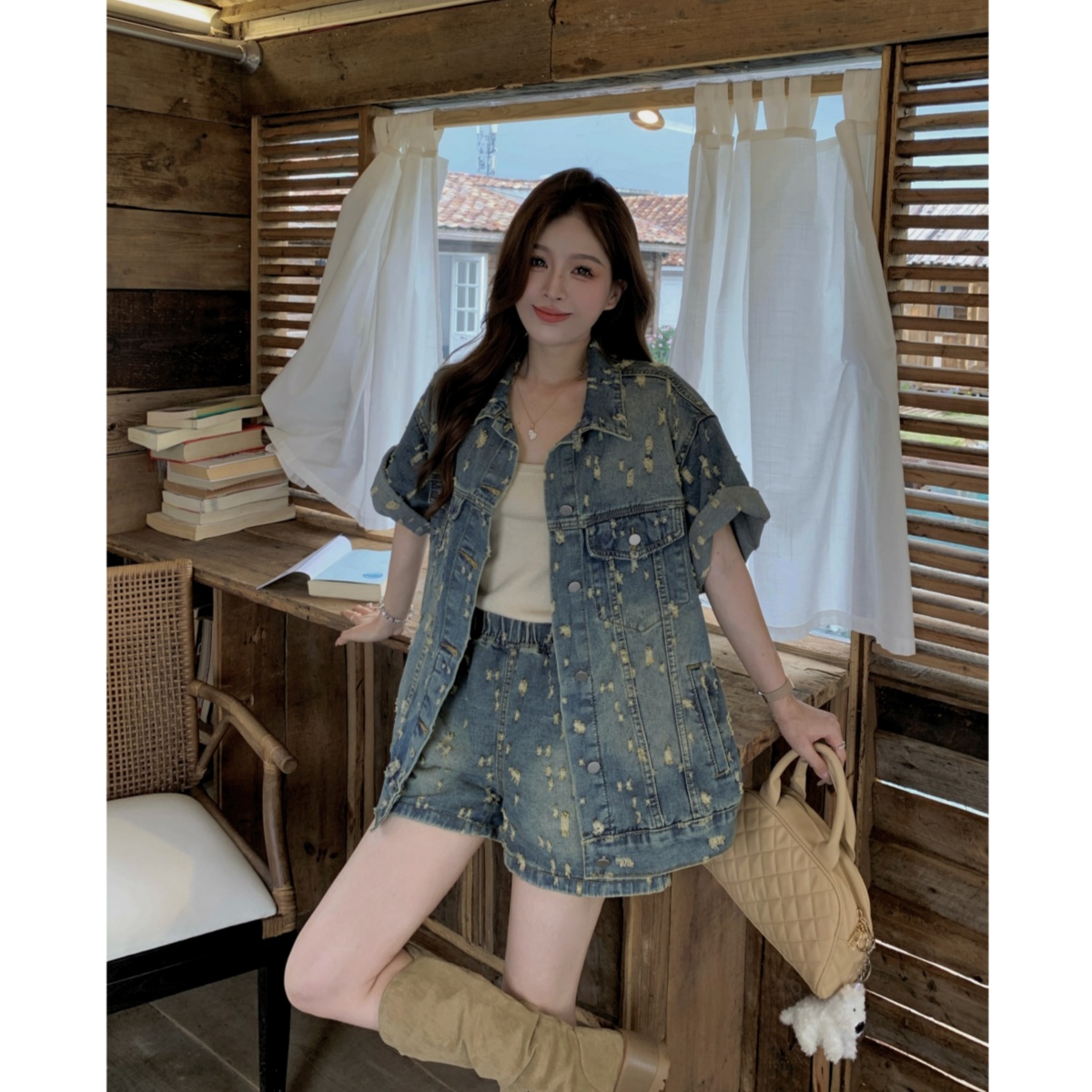 提花港风复古破洞牛仔套装女短裤2025秋季新款两件套0039牛仔衣