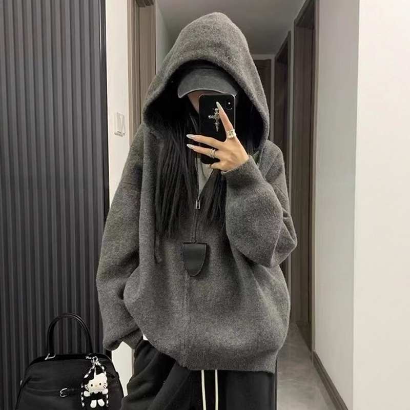 慵懒老钱风灰色拉链连帽毛衣外套女秋冬季软糯浣熊绒针织卫衣开衫