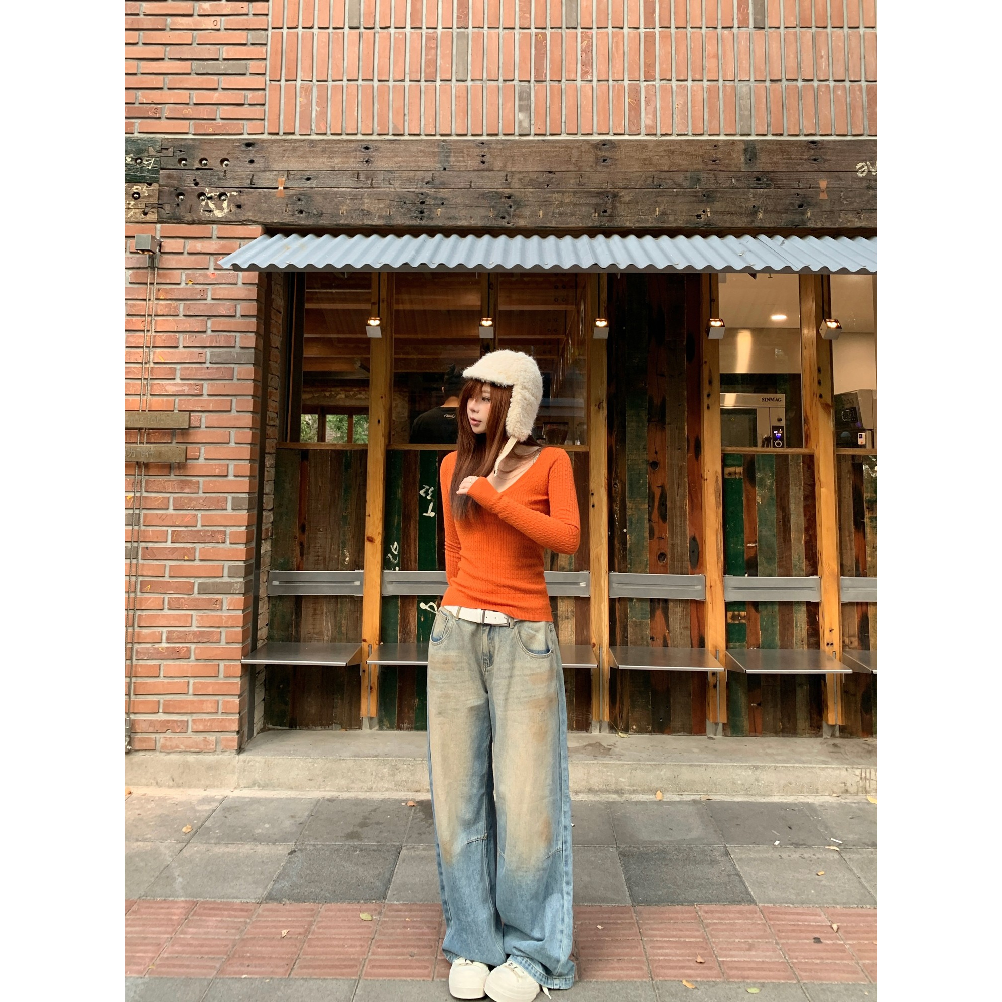 野生辣辣 街头slay 微胖mm复古宽松阔腿水洗垂感修身大码牛仔裤女