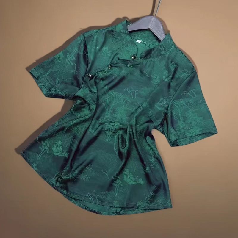 中式国风新款斜门襟斜襟短袖T恤衬衫夏季立领复古提花小衫上衣