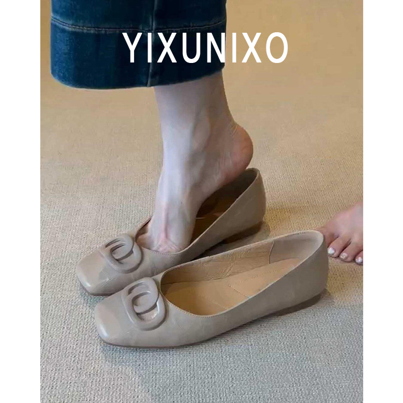 羊皮版~法式时尚百搭平底奶奶鞋女浅口方头一脚蹬通勤玛丽珍单鞋