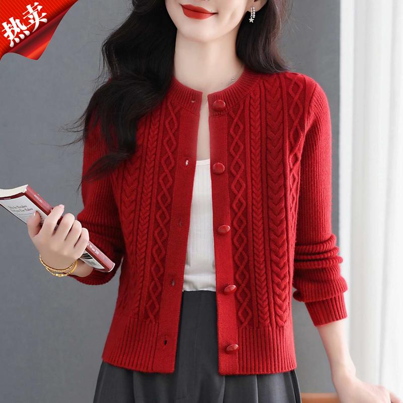 【原版正品】羊毛衫女短款针织开衫秋装圆领高腰配裙子时尚毛衣外套