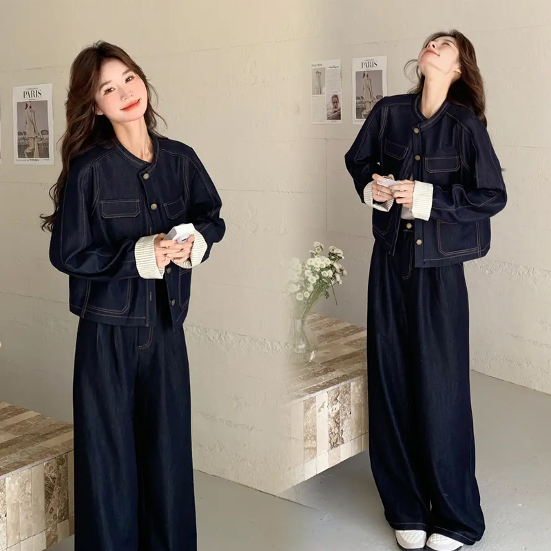 老钱风牛仔套装裤女2025春秋流行超火盐系穿搭上衣外套阔腿两件套