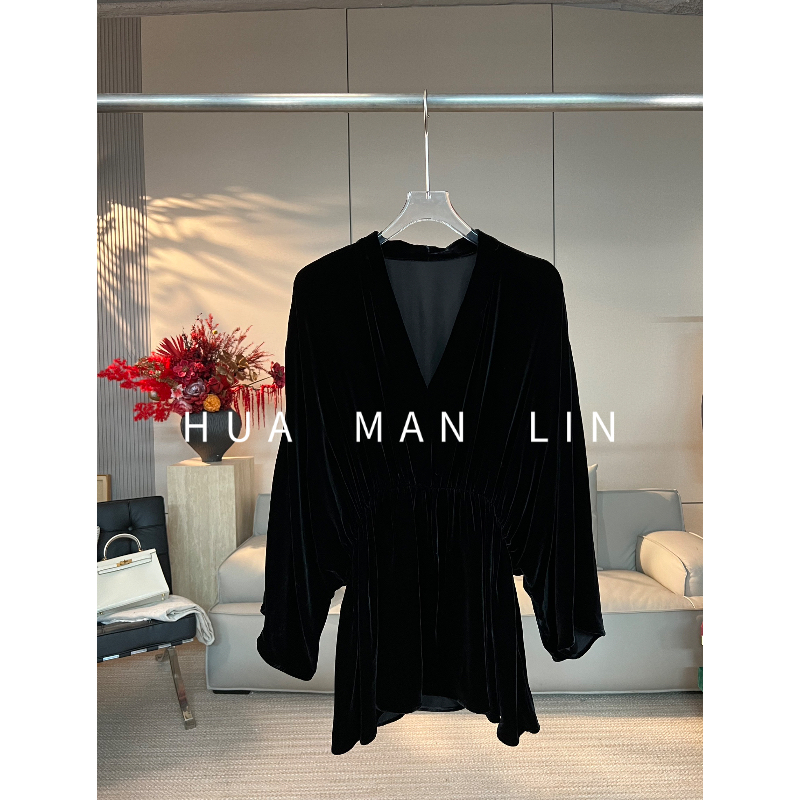 花滿林V领腰部松紧腰真丝桑蚕丝丝绒连肩袖上衣268260