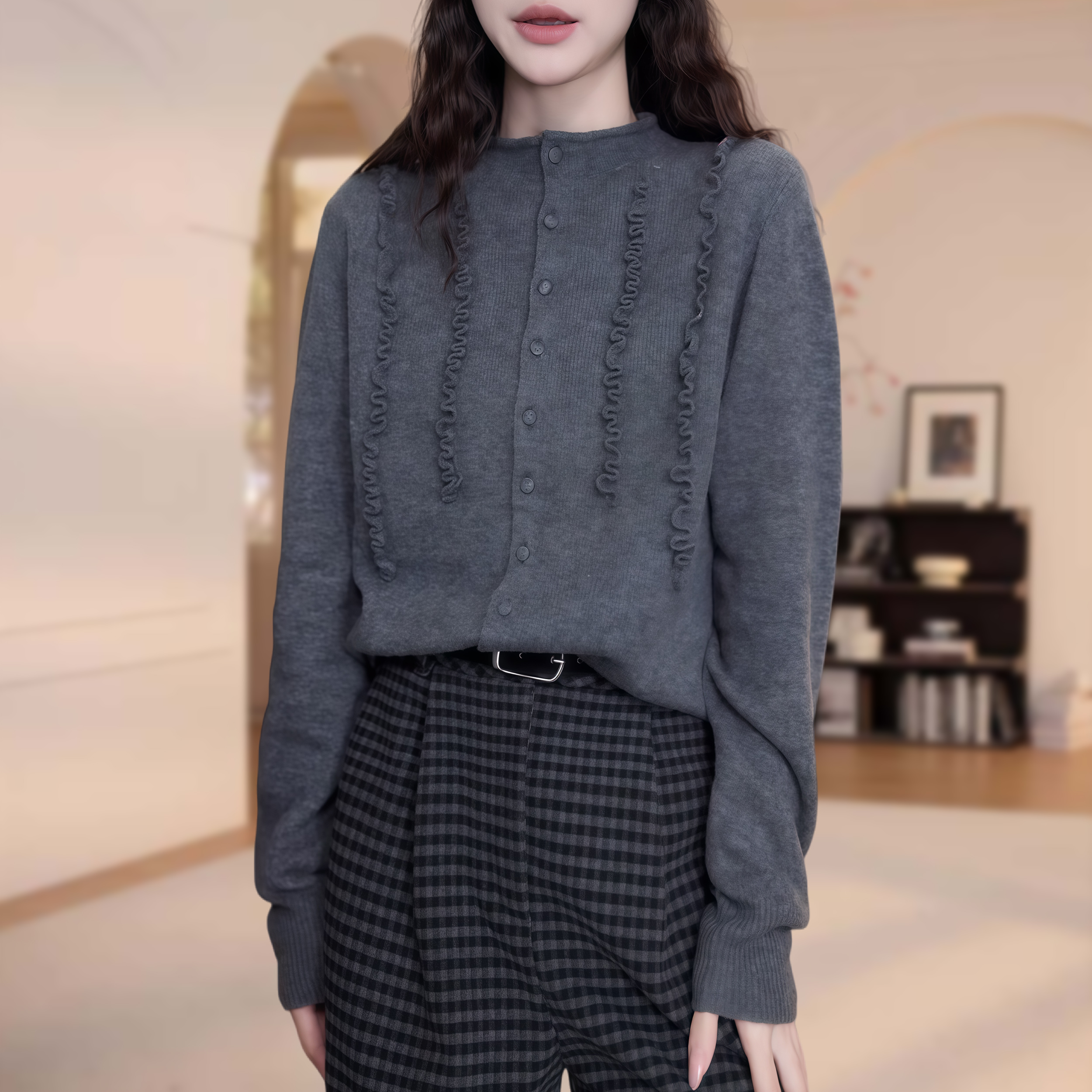 秋冬季纽扣装饰圆领长袖针织衫女2025新款休闲百搭纯色毛衣打底衫