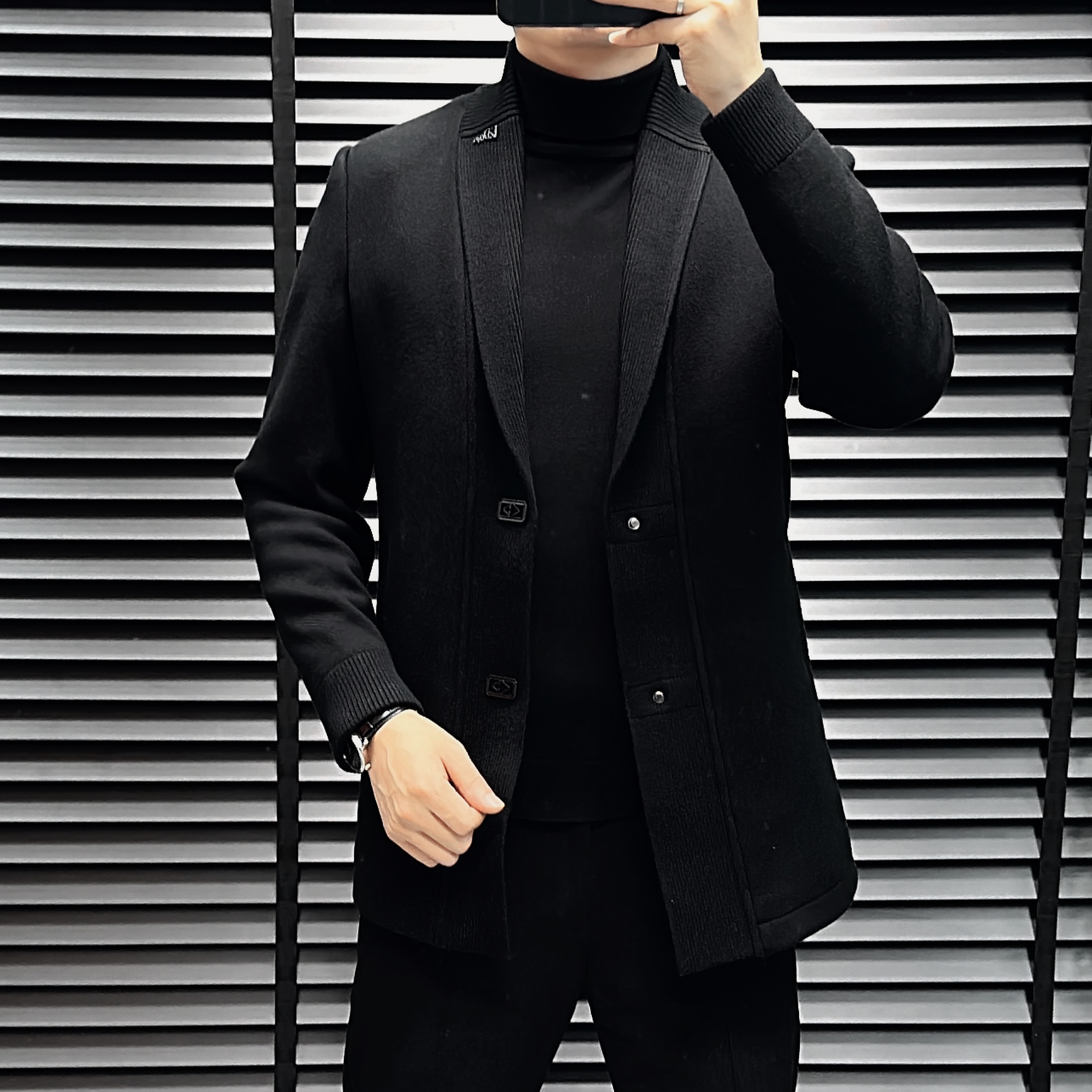秋冬新款韩版修身男士高端定制欧货轻奢时尚中长款针织西服外套