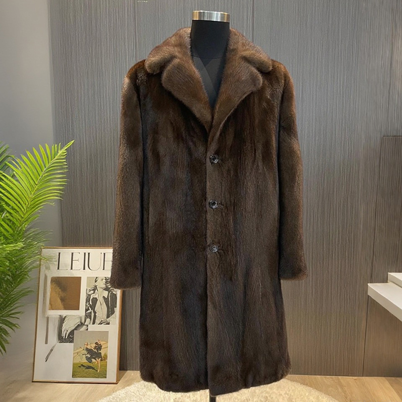 貂皮大衣男长款水貂大衣西装领咖啡本色貂皮男装
