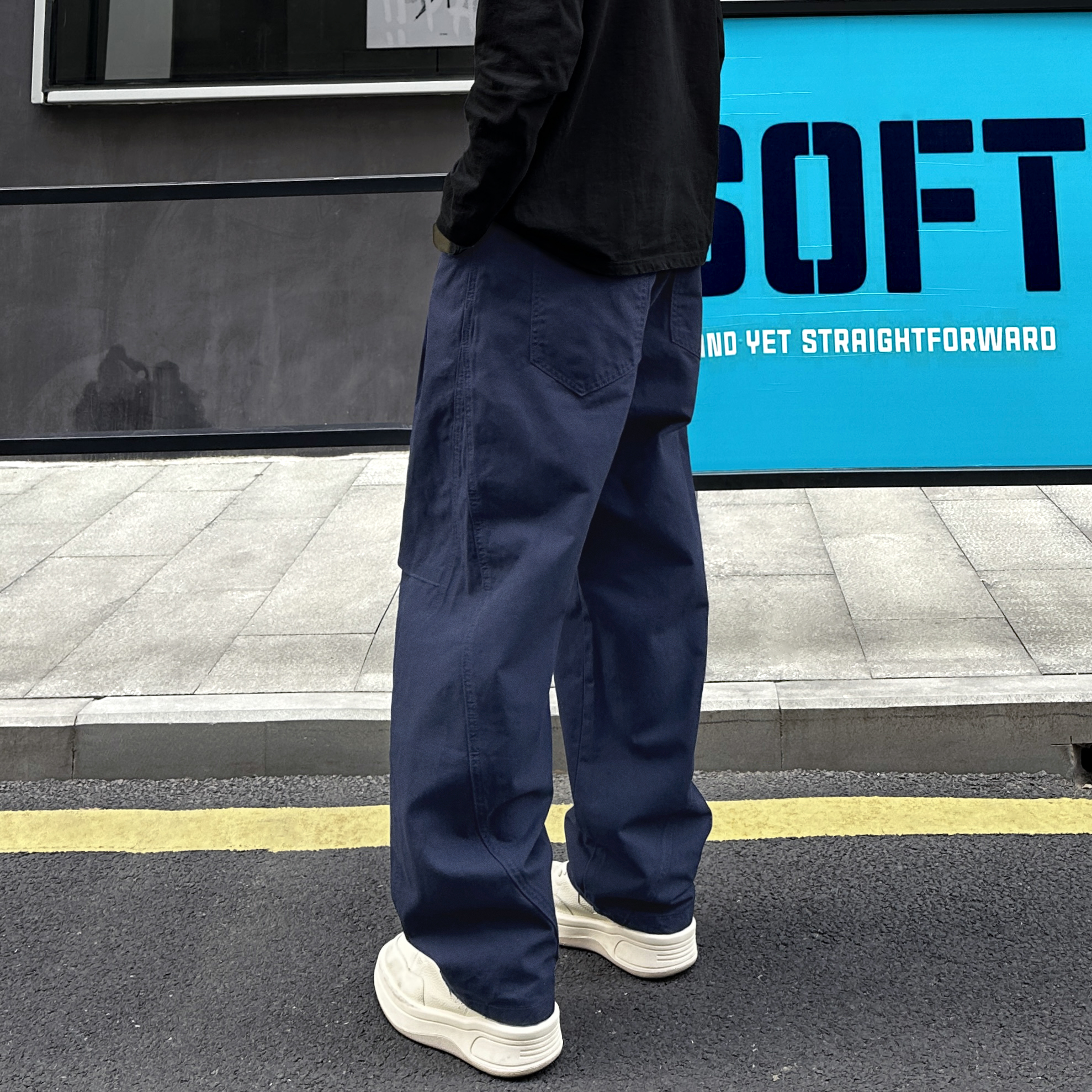 QUALCOMM宝蓝色美式褶皱工装裤男款秋冬新款宽松阔腿伞兵休闲裤子