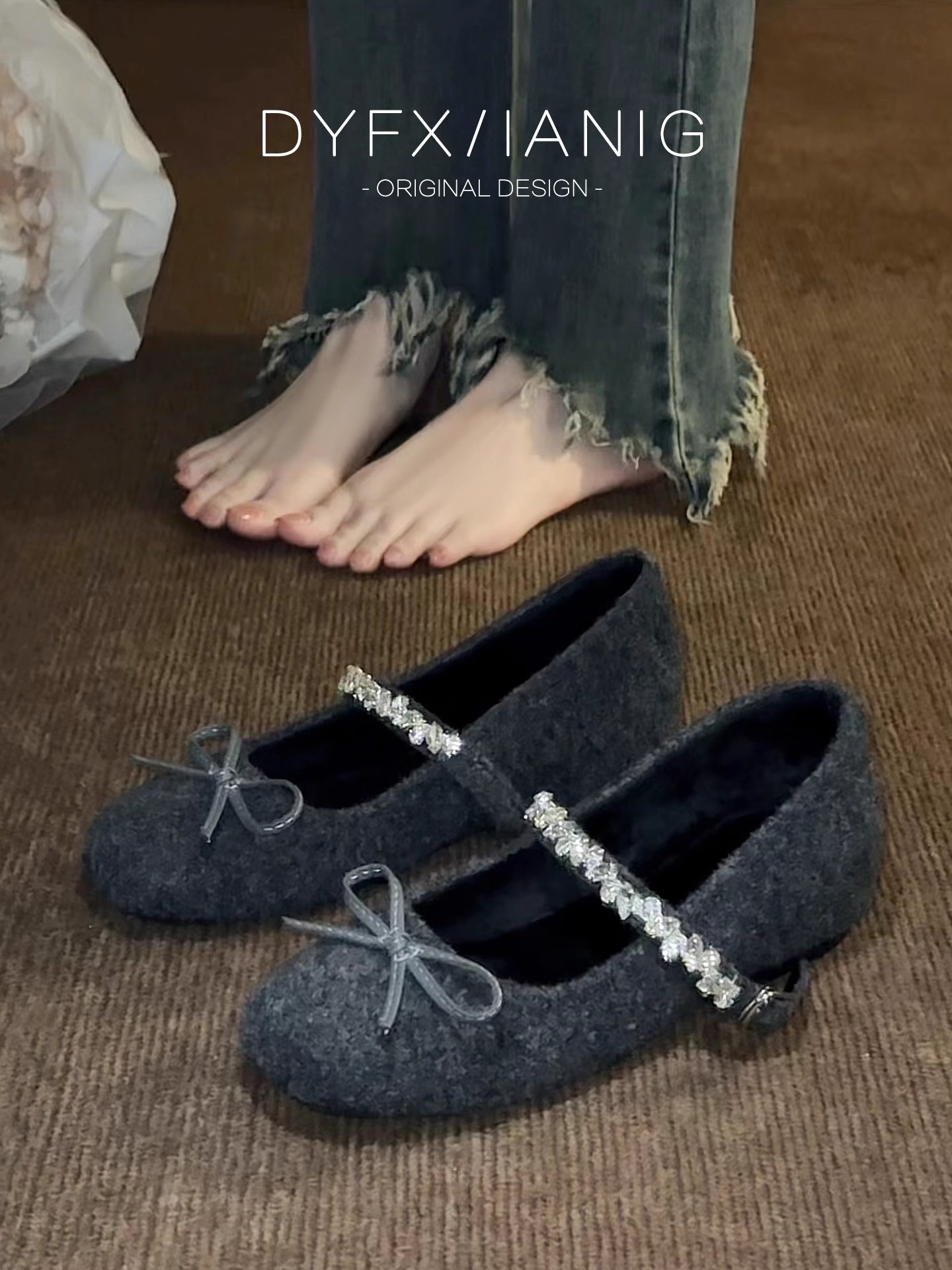 小个子内增高毛毛鞋女外穿玛丽珍保暖棉鞋加绒水钻小香风豆豆单鞋