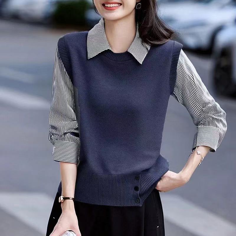 法式减龄假两件拼接长袖衬衫女2025秋季新款韩版撞色小个子上衣潮