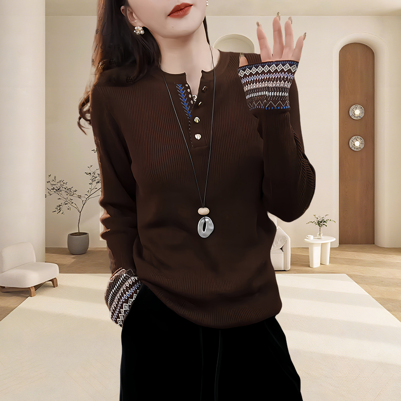 欧货高端简约上衣春秋新款简约时髦袖口拼接针织衫舒适休闲毛衣
