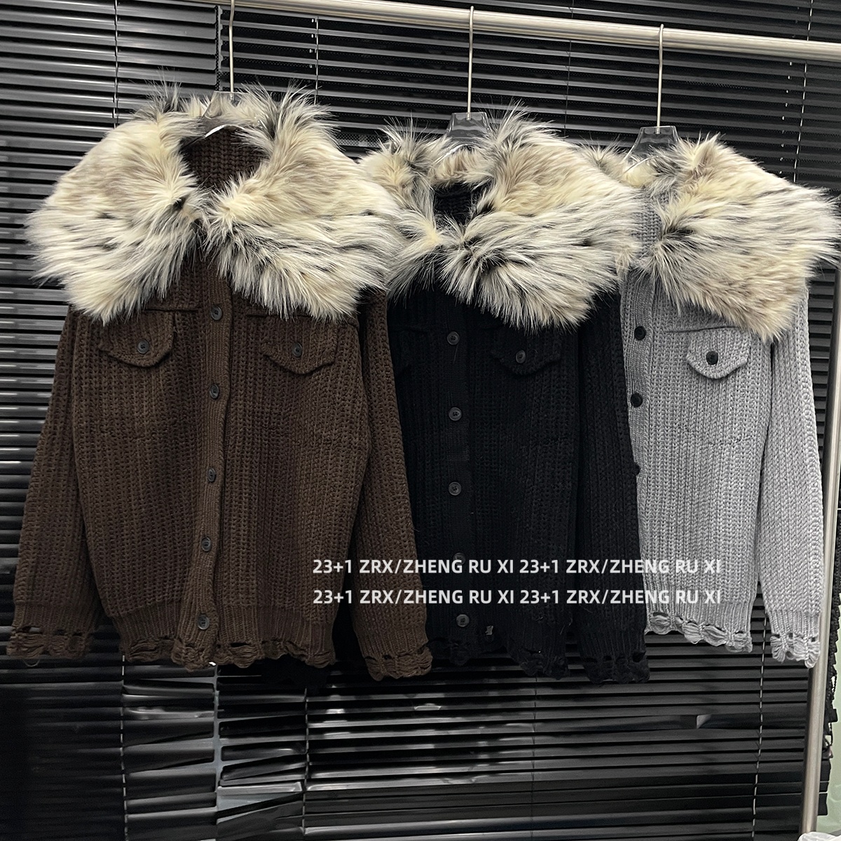 付新博女装拆卸毛领针织毛衣女美式复古时尚加厚开衫外套15183