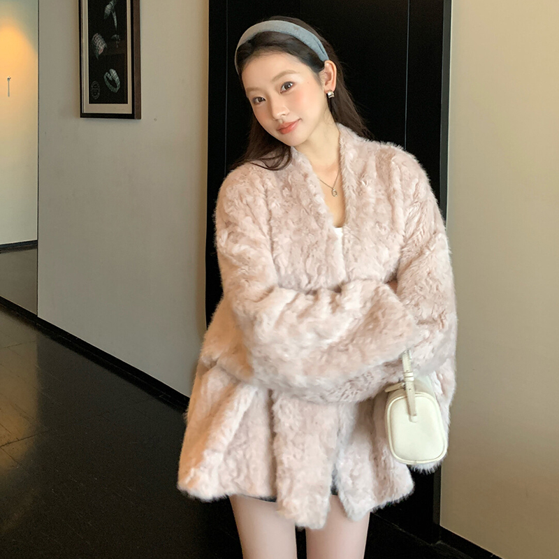 人造皮草 粉色环保毛毛外套女慵懒风2025秋冬新款女上衣开衫外套