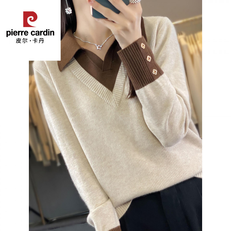 皮尔卡丹微胖mm秋冬大码衬衫领毛衣女遮肚子显瘦假两件上衣内搭针