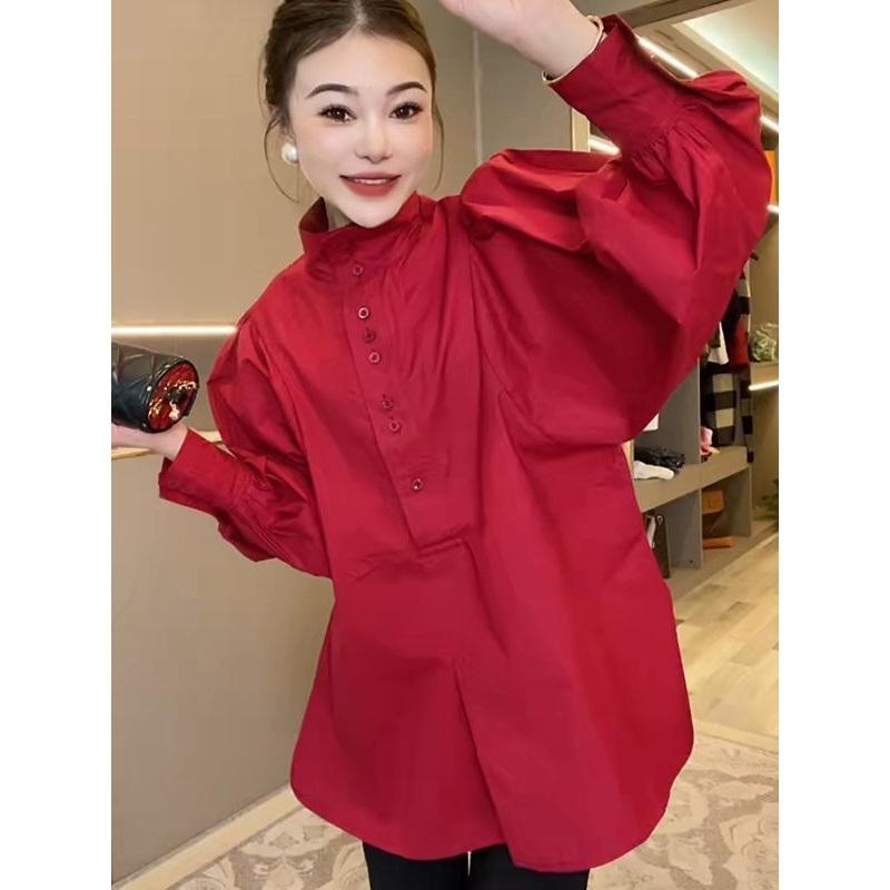 2025春季新款欧货衬衫纯色百搭显瘦立领泡泡袖设计中长款纯棉衬衣